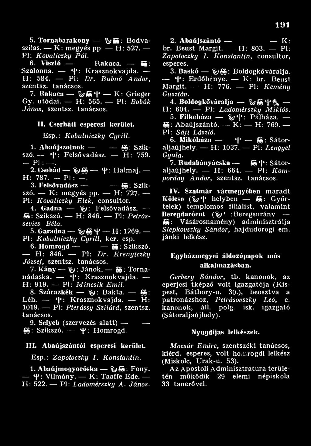 K r e n y i c z k y J ó zse f, szentsz. tanácsos. 7. K ány %i: Já n o k. gg: Tornanádaska. *f : Krasznokvajda. H : 919. Pl: M i n c s i k E m i l. 8. Szárazkék % : Bakta. gg: Léh. *t*: K rasznokvajda.