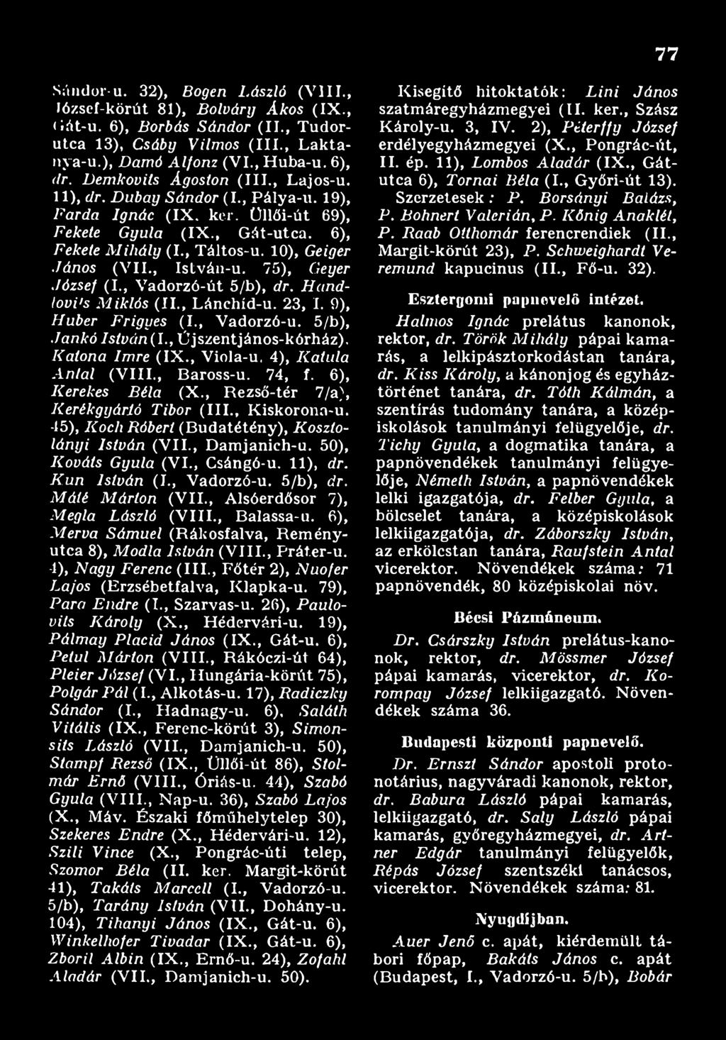 , Damjanich-u. 50), Kováts Gyula (VI., Csángó-u. 11), dr. K u n István (I., Vadorző-u. 5/b), dr. Máté Márton (V II., Alsóerdősor 7), Megla László (V III., Balassa-u.