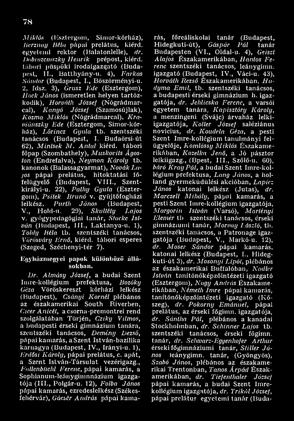 kanonok (Balassagyarmat), Kovák Lajos pápai prelátus, hitoktatási főfelügyelő (Budapest, V III., Szentkirályi-u. 22), Pathy Gyula (Esztergom), Psitek Brúnó v.