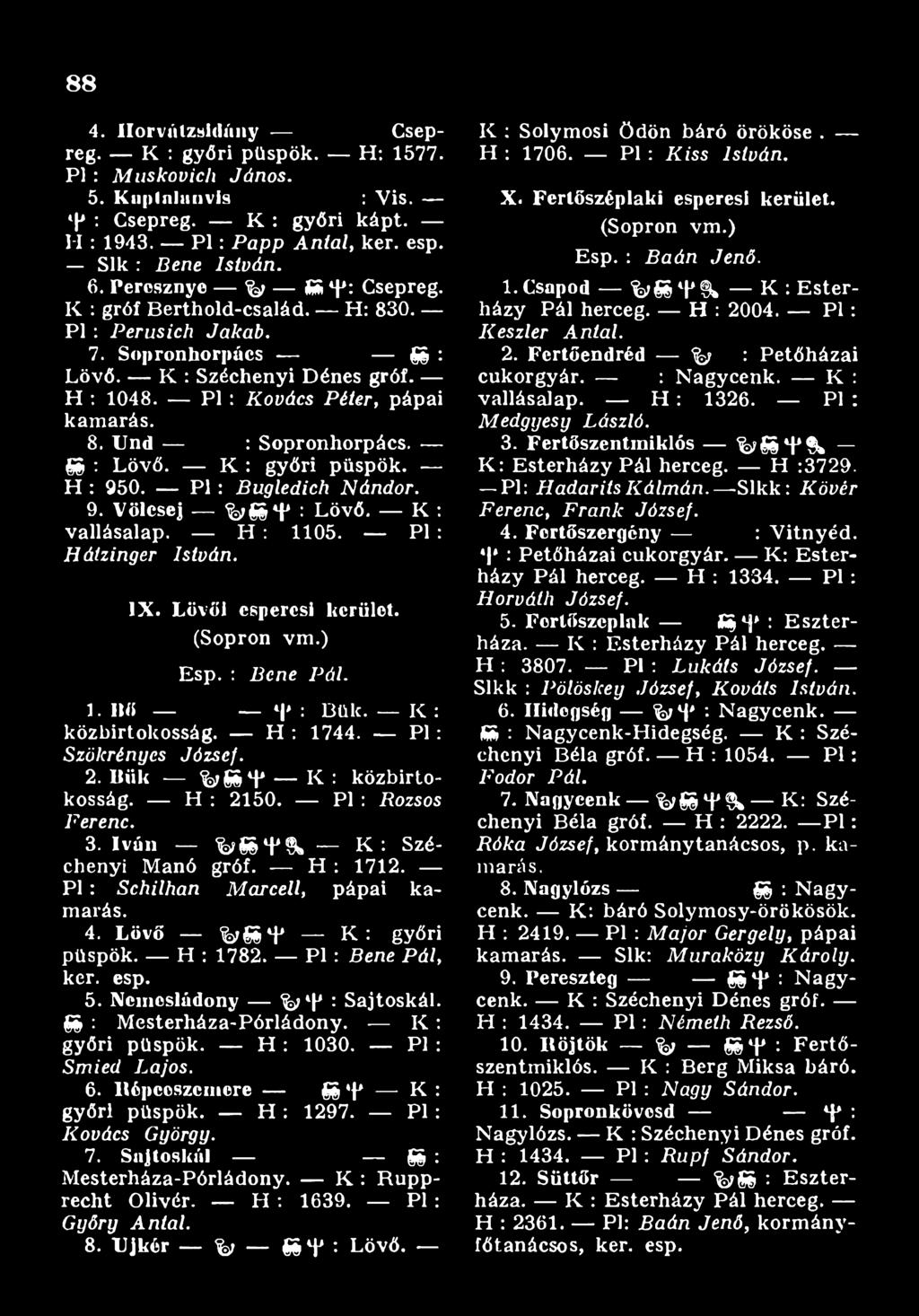 P l : Schilhan M arcell, pápai kamarás. 4. Lövő %SS*P K : győri püspök. H : 1782. Pl : Bene Pál, kér. esp. 5. Ncincsládony %>*p : Sajtoskál. SS : M esterháza-pórládony. K : győri püspök. H : 1030.