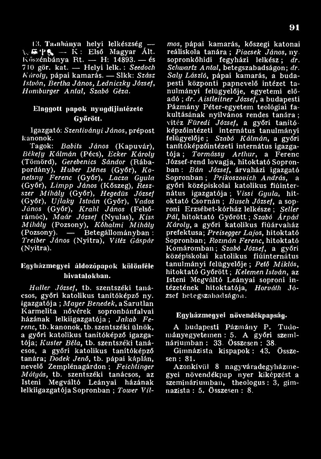 : Seedoch Károly, pápai kamarás. Sikk: Szász István, Bertha János, Ledniczky József, Hamburger Antal, Szabó Géza. sopronkőhidi fegyházi lelkész; dr. Elaggott papok nyugdíjintézete Győrött.