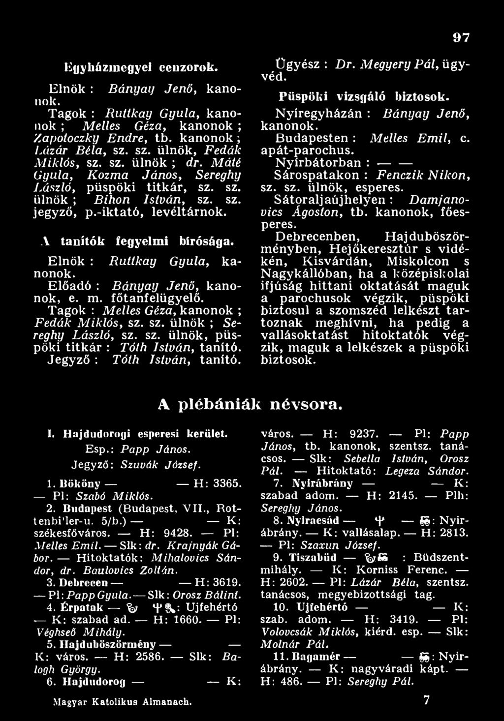 Nyíregyházán : B á n y a y Jenő, kanonok. B u d ap esten : M elles E m il, c. apát-parochus. Nyírbátorban : -------- Sárospatakon : F en czik N ik o n, sz. sz. ülnök, esperes.