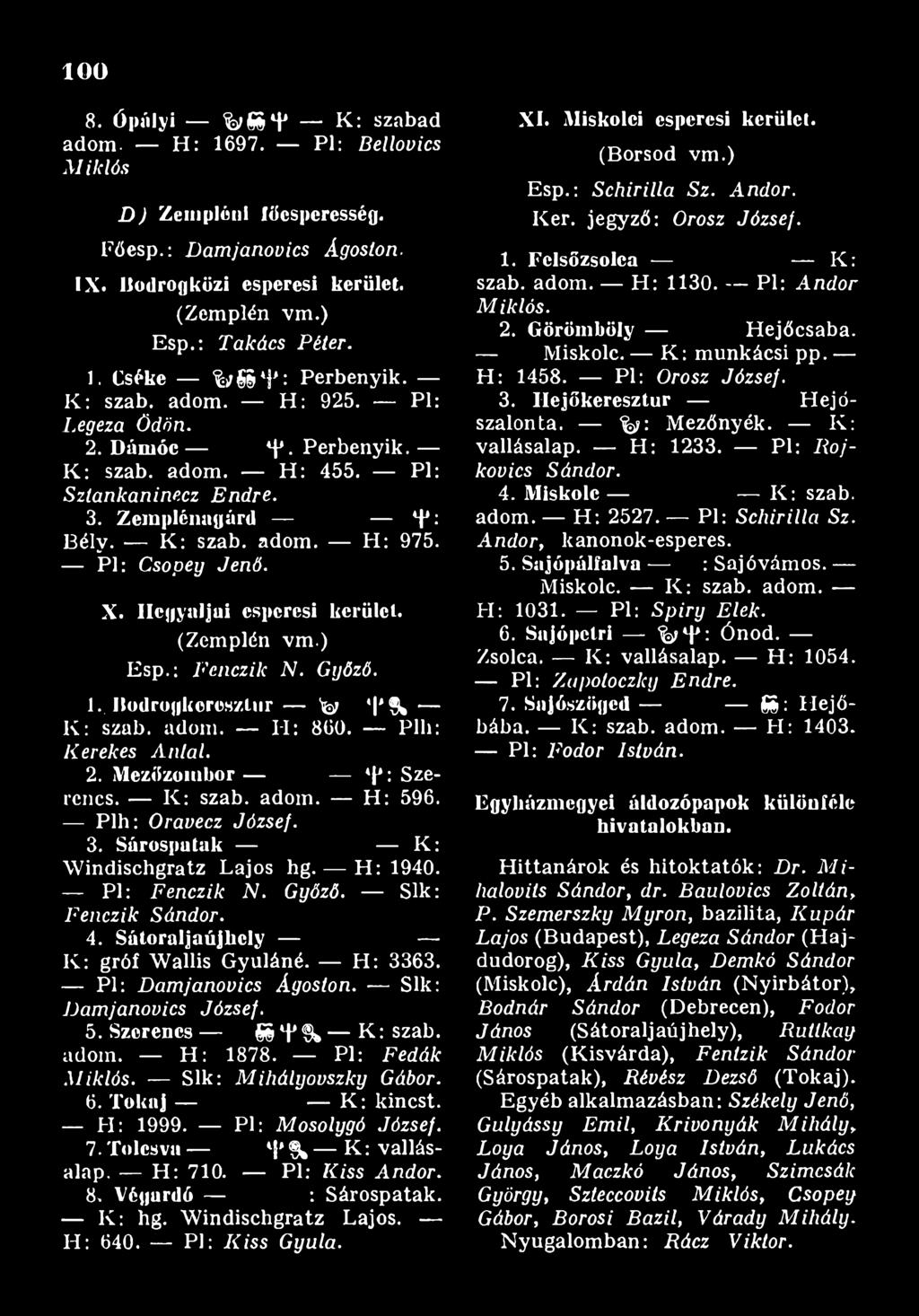 Sík: F e n c z ik S á n d o r. 4. Sátoraljaújhely K : gróf Wallis Gyuláné. H : 3363. Pl: D a m ja n o v ic s Á g o s to n. Sík: D a m ja n o v ic s J ó z s e f. 5. Szerencs SS *T % K : szab. adom.