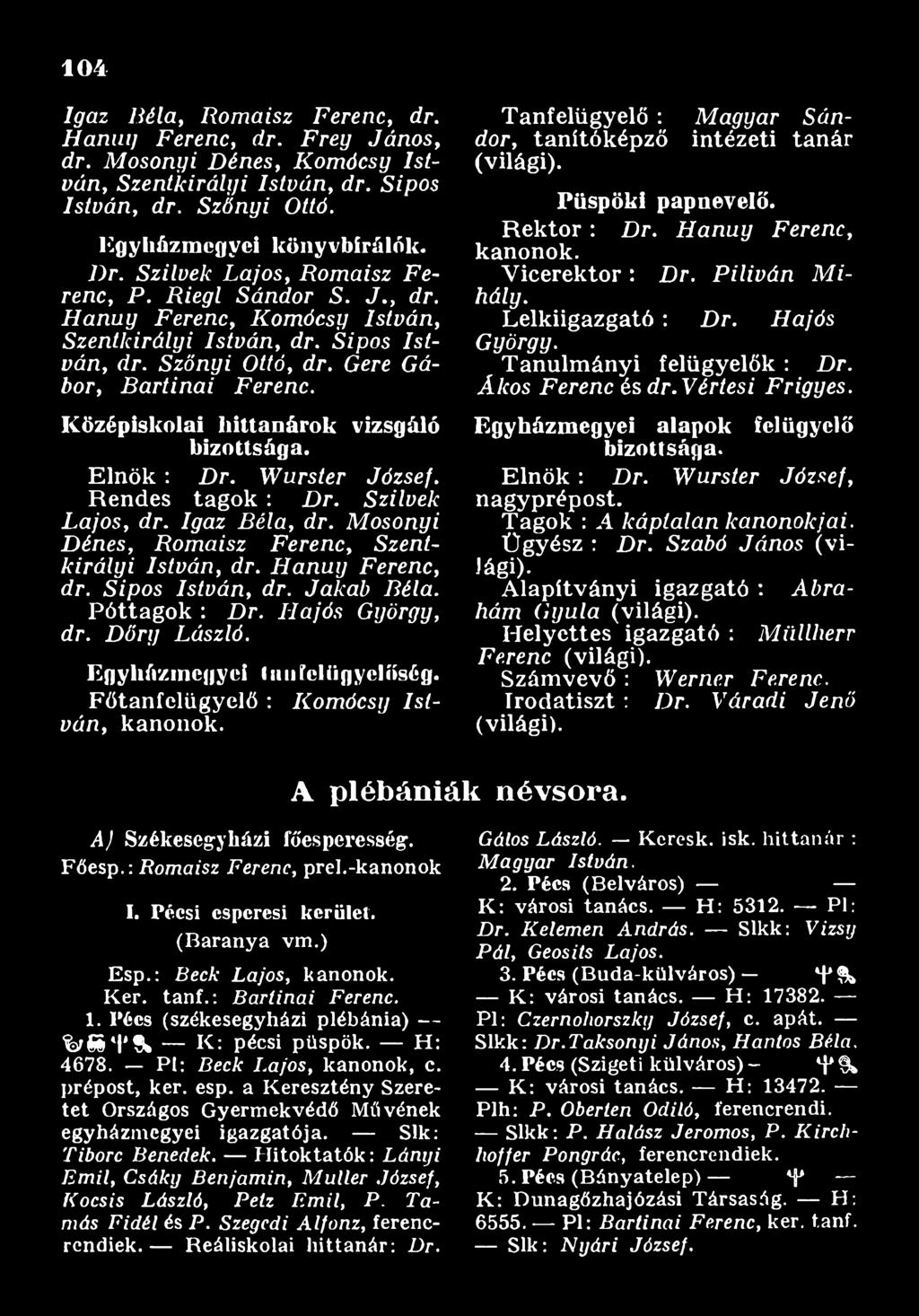 D ő ry László. E g y h á z m e g y e i la n felü g y elő ség. Főtanfelügyelő : K o m ó csy István, kanonok. Tanfelügyelő : M a g ya r S á n dor, tanítóképző intézeti tanár (világi).
