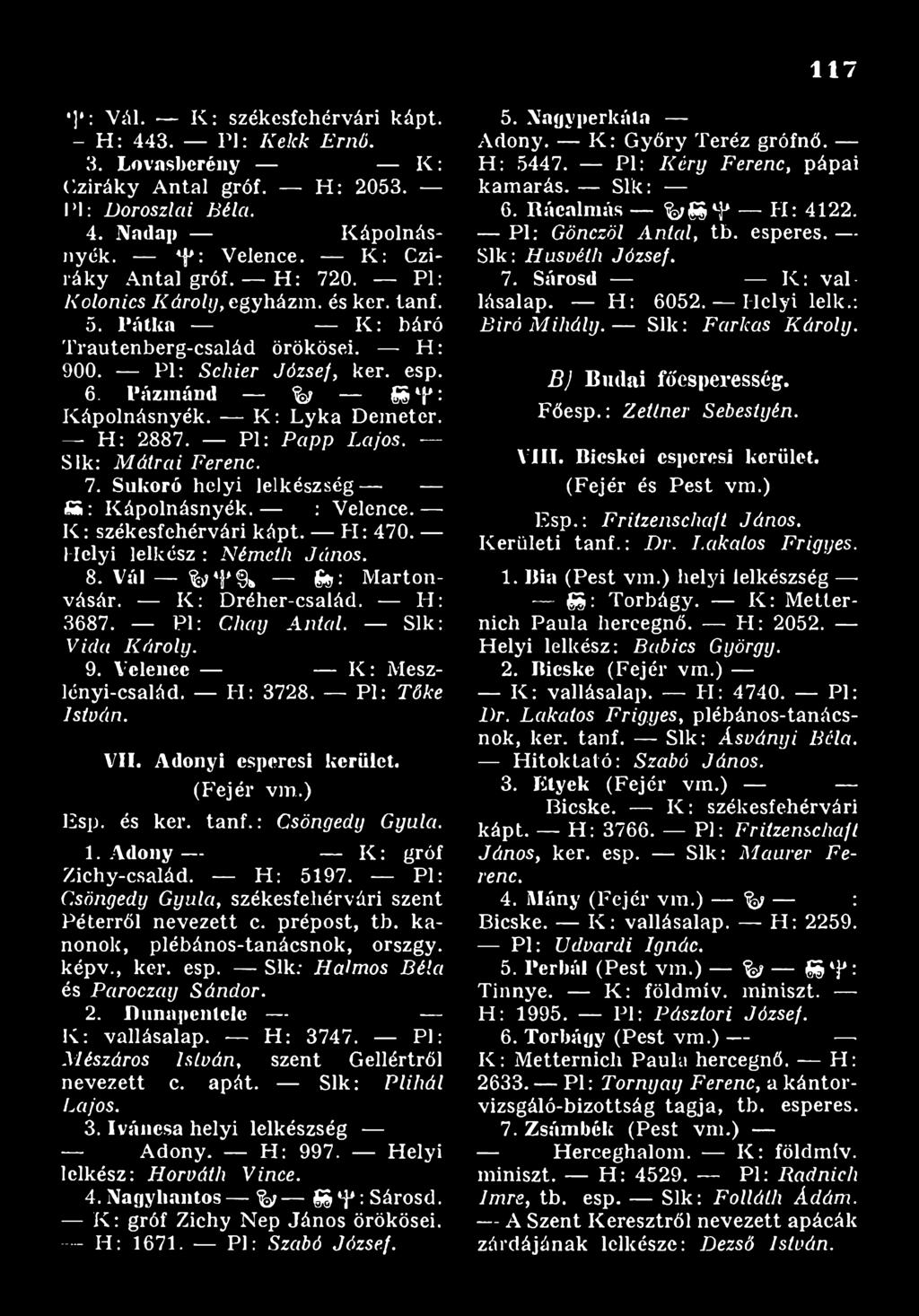 Pl: T ő k e I s tv á n. VII. Adonyi espercsi kerület. (Fejér vm.) Esp. és kér. ta n f.: C s ö n g e d y G y u la. 1. Adony K : gróf Zichy-család. H : 5197.