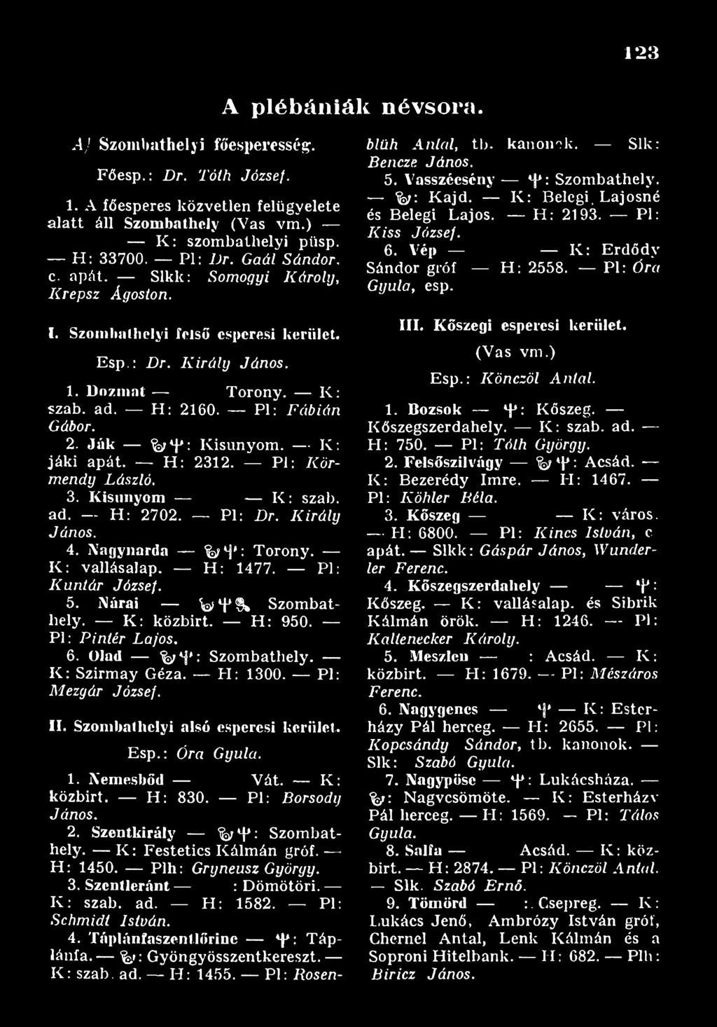 Pl: M e z g á r J ó z s e f. II. Szombathelyi alsó espcrcsi kerület. Esp.: ó r a G y u la. 1. Aem esbőd Vát. K: közbirt. H: 830. Pl: B o r s o d i) J á n o s. 2. Szentkirály i&h*: Szombathely.