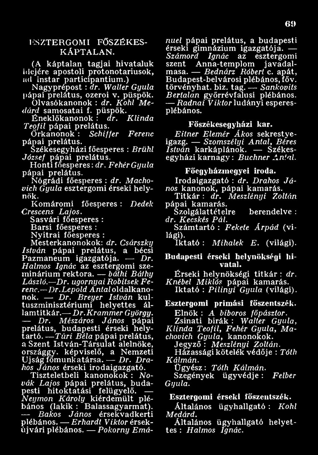 H a lm o s Ignác az esztergomi szeminárium rektora. báthi B á th y László. D r. ugornyai R obitsek F e renc. D r.l ép ő id A n ta l oldalkanonok. D r. B reyer Istvá n kultuszm inisztérium i helyettes állam titkár.
