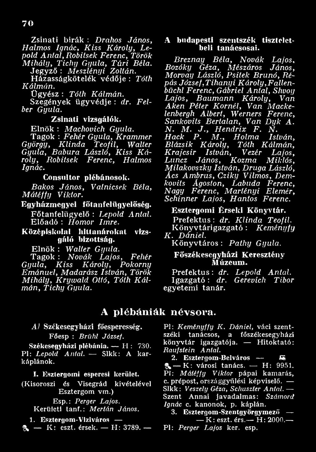 Tagok : F ehér G yula, K ra m m er G yörgy, K iin d a Teofil, W aller G yula, B a b u ra L ászló, K is s K á roly, R obitsek Ferenc, H alm os Ignác. C o n s u lto r p lé b á n o s o k.