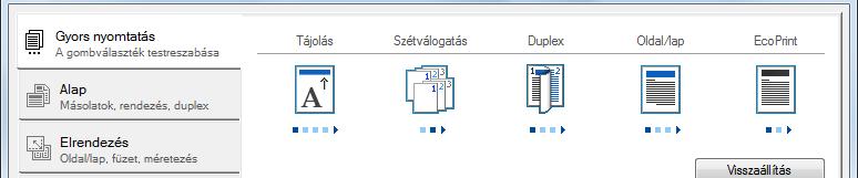 Nyomtatás számítógépről > Nyomtatás számítógépről Nyomtató illesztőprogram nyomtatási beállítás képernyő A nyomtató illesztőprogram nyomtatási beállítások képernyője lehetővé teszi a nyomtatással