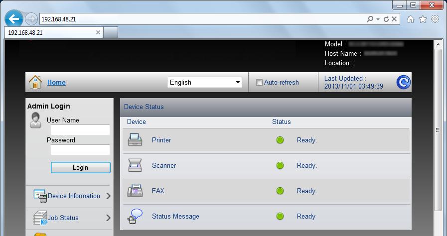 A készülék telepítése és beállítása > Embedded Web Server RX Hozzáférés az Embedded Web Server RX programhoz Jelenítse meg a képernyőt. Indítsa el a webböngészőt.