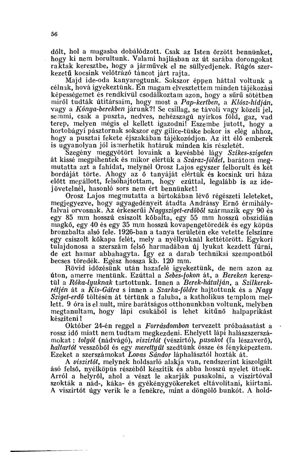 56 dőlt, hol a magasba dobálódzott. Csak az Isten őrzött bennünket, hogy ki nem borultunk. Valami hajlásban az út sarába dorongokat raktak keresztbe, hogy a járművek el ne süllyedjenek.