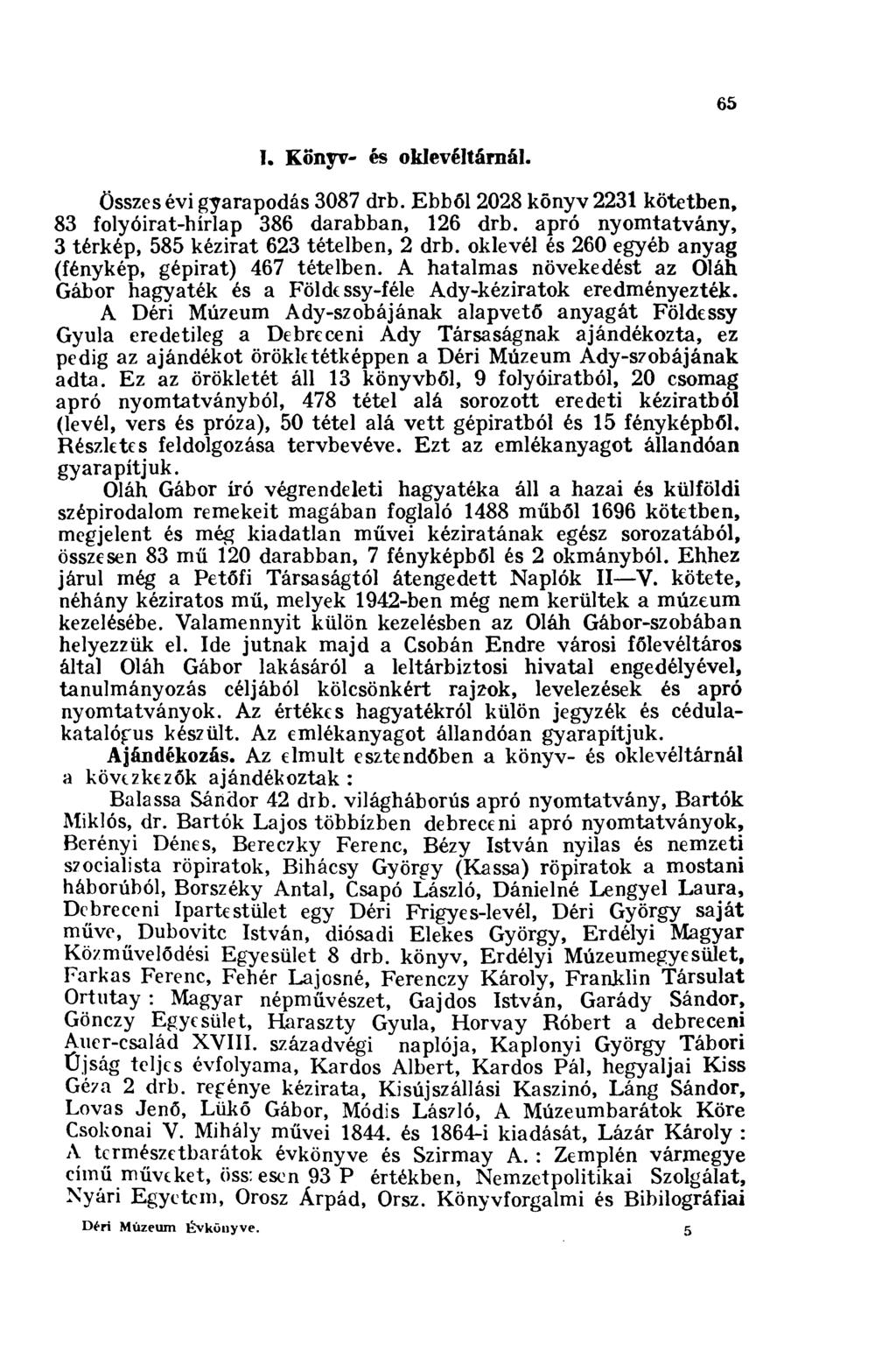 65 I. Könyv- és oklevéltárnál. Összes évi gyarapodás 3087 drb. Ebből 2028 könyv 2231 kötetben, 83 folyóirat-hírlap 386 darabban, 126 drb. apró nyomtatvány, 3 térkép, 585 kézirat 623 tételben, 2 drb.