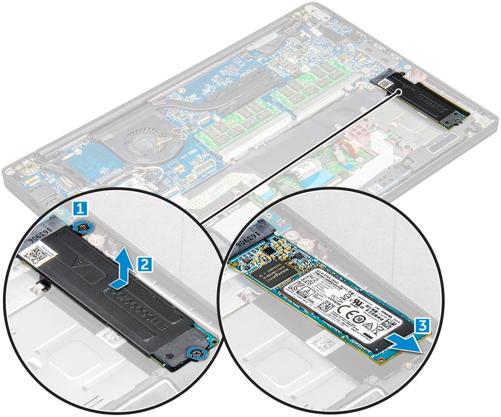 A PCIe SSD-kártya beszerelése 1 Helyezze be a PCIe SSD-kártyát a foglalatába. 2 Helyezze rá az SSD-keretet a PCIe SSD-kártyára.