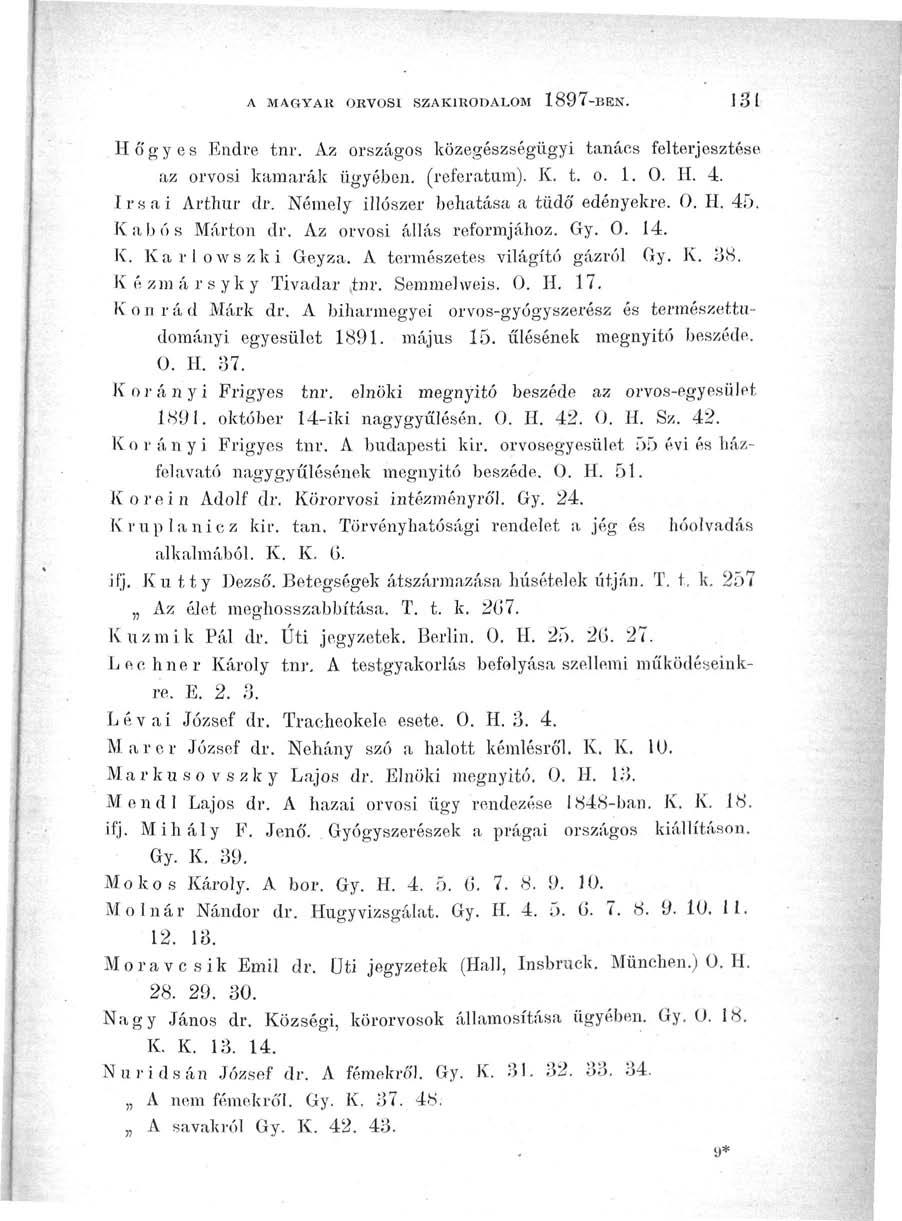 A MASYAK ORVOSI SZAKIRODALOM 1897-BEN. 131 Hó'gyes Endre tnr. Az országos közegészségügyi tanács felterjesztése az orvosi kamarák ügyében, (referátum). K. t. o. 1. 0. H. 4. Irsai Arthur dr.