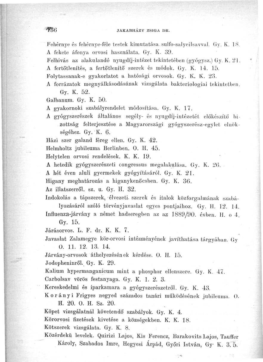 ' 36 JAKABHÁZY ZSIGA DK. Fehérnye és fehórnye-féle testek kimutatása, sulfo-salyoilsavval. Gy. K, 18. A fekete áfonya orvosi használata. Gy. K. 39.