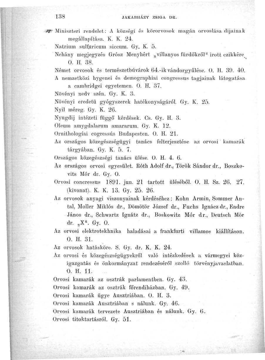 138 JAKABHÁZV ZSIGA DK. íp Miniszteri rendelet: A községi ós körorvosok magán orvoslása dijainak megállapítása. K. K. 24. Nátrium sulfjzricum siccum. Gy. K. 5.