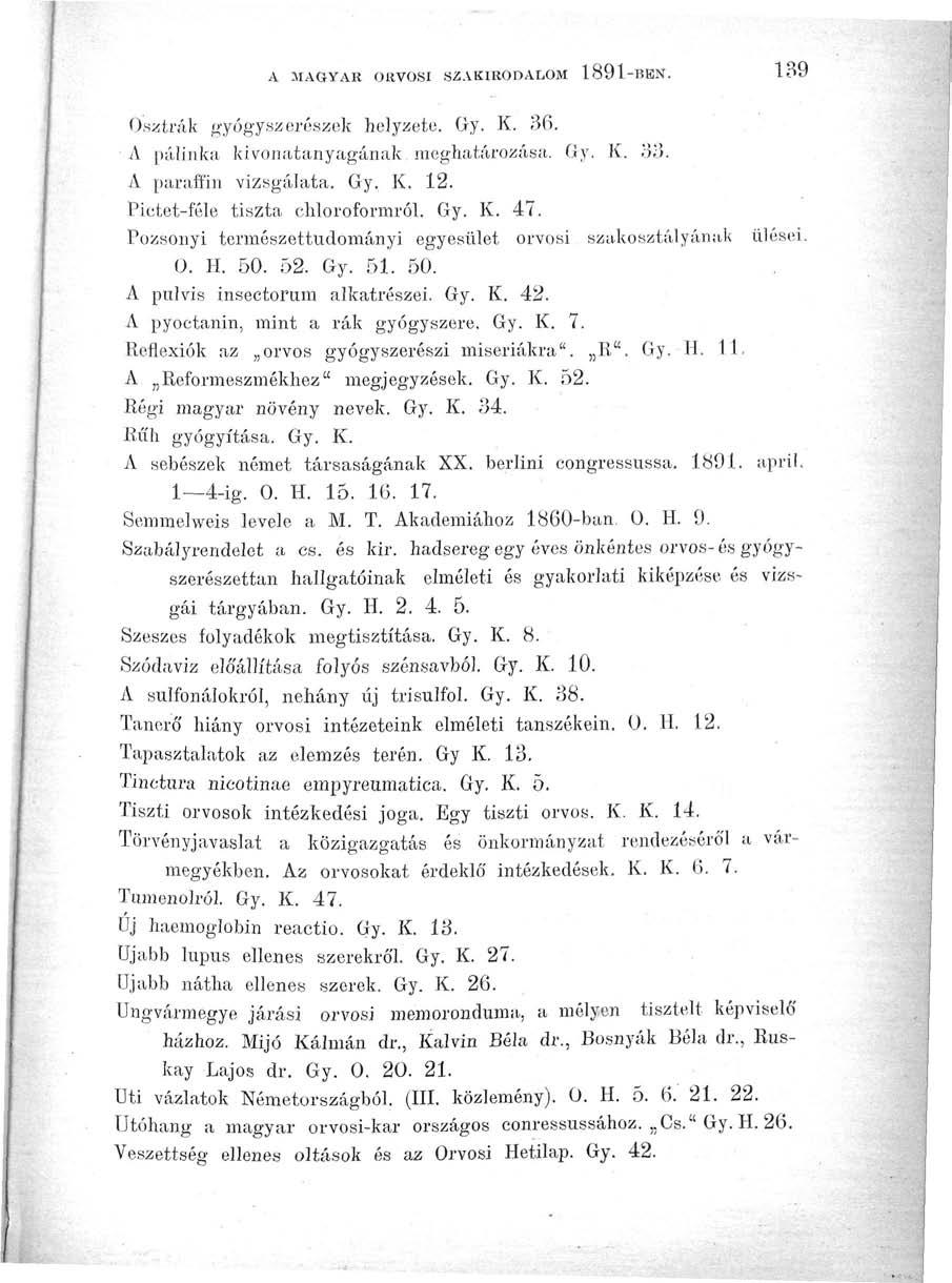 A MAGYAR ORVOSI SZAKIRODALOM 1891-BEN. 139 Osztrák gyógyszerészek helyzete. Gy. K. 36. A pálinka kivonatanyagának meghatározása. Gy. K. 33. A paraffin vizsgálata. Gy. K. 12.