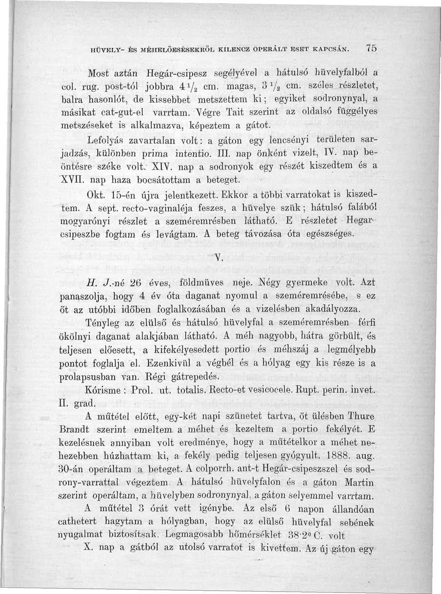 HÜVELY- ÉS MÉHELÖESÉSEKROL KILENCZ OPERÁLT ESET KAPCSÁN. 75 Most aztán Hegár-csipesz segélyével a hátulsó hüvelyfalból a col. rag. post-tól jobbra 4^/2 cm. magas, o x j 2 cm.