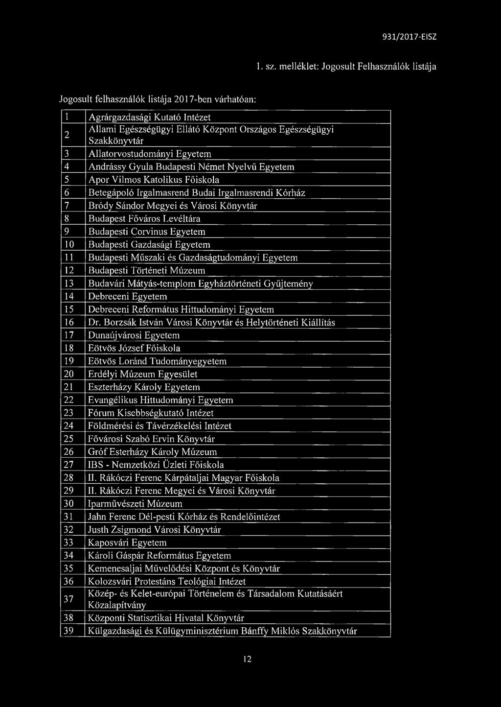 Allatorvostudományi Egyetem 4 Andrássy Gyula Budapesti Német Nyelvű Egyetem 5 Apor Vilmos Katolikus Főiskola 6 Betegápoló Irgalmasrend Budai Irgalmasrendi Kórház 7 Bródy Sándor Megyei és Városi