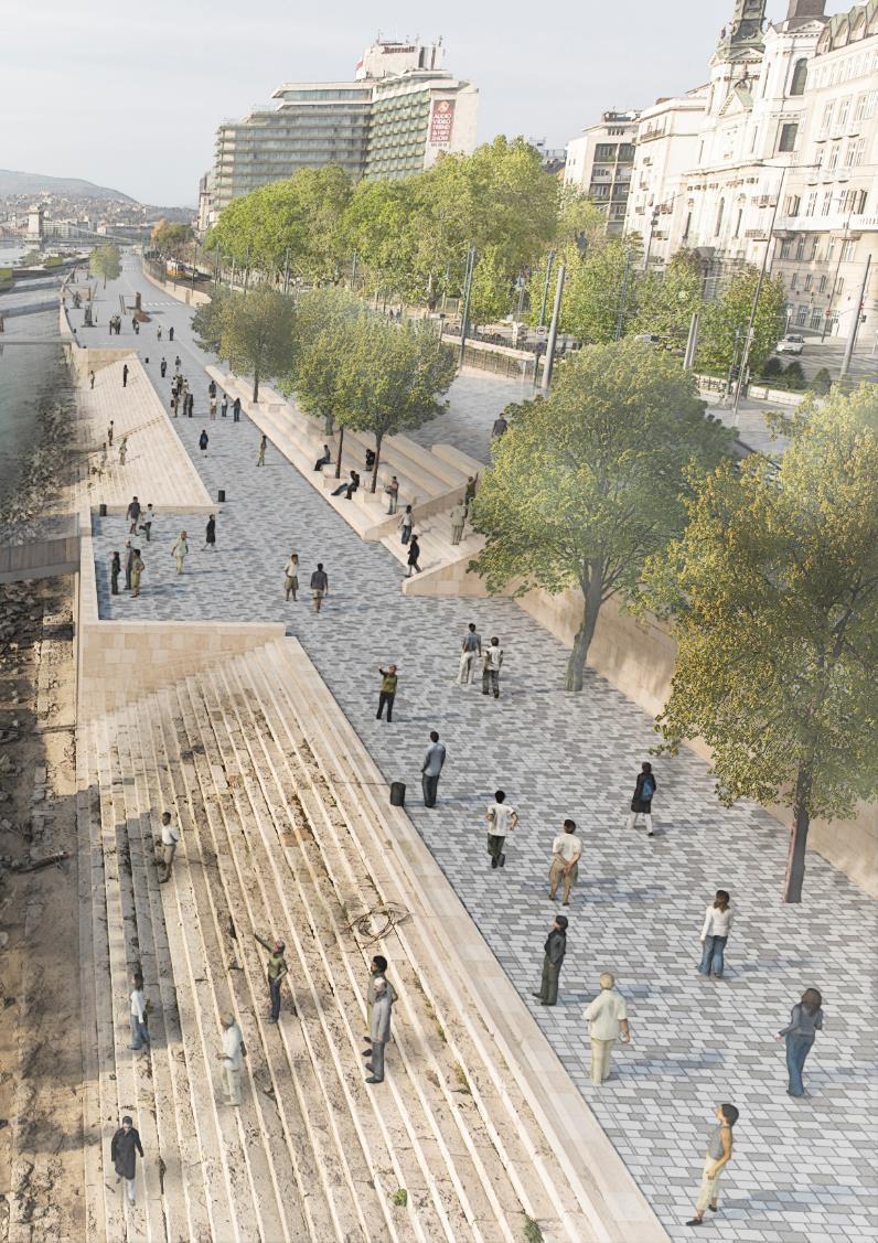 Id. Antall József rakpart Új gyalogos kapcsolatok: gyalogátkelőhely a Cipők emlékműhöz, új lejutási pont a Széchenyi utcánál 2x1 forgalmi sáv + parkolósáv Lánchídnál turistabusz-parkolóhelyek 9 m