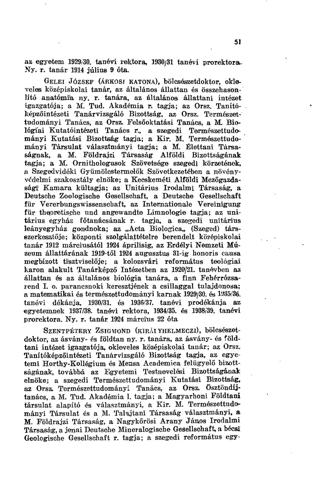 51 az egyetem 1929/30. tanévi rektora, 1930/31 tanévi prorektora, Ny. r. tanár 1914 július 9 óta.