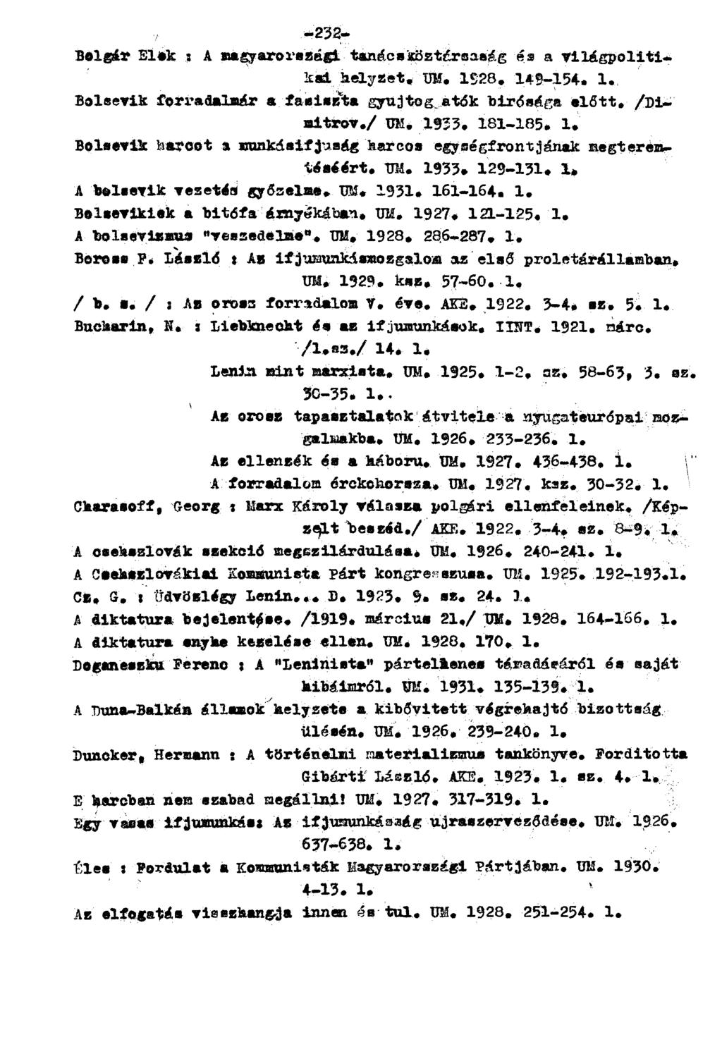 BOlgár Elek! A magyarországi tanácsköztársaság és a világpolitikád, helyzet. UM. 1328. 149-154. 1. Bolsevik forradalmár a fasiszta gyújtogatok bírósága előtt. /Dimitrov./ UM. 1933. 181-185. 1. Bolsevik harcot a munkasifjuság harcos egységfrontjának megteremtéséért.