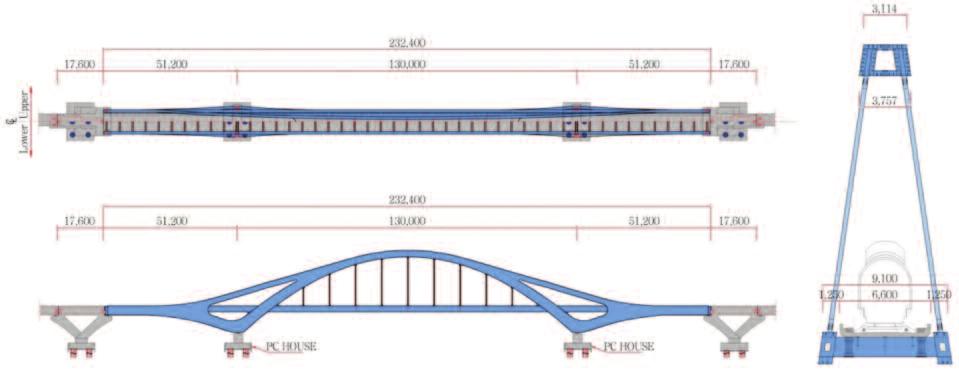 9 7. ábra. A Gyopo Bridge mederhídjának szerkezeti kialakítása [8] 8. ábra. A Gyopo Bridge erőjátékának szemléltetése [8] kosárfül rendszerű, a függesztőkábelek párhuzamos elrendezésűek; a merevítőtartó öszvérszerkezetű (7.