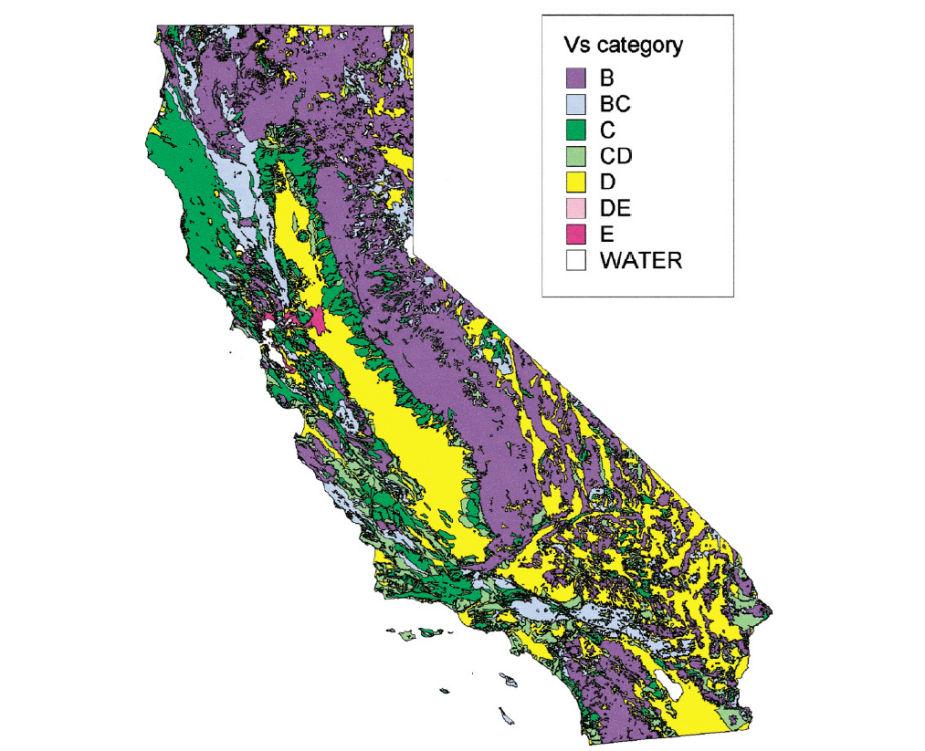 30. ábra Kalifornia nyíróhullám sebességeken alapuló helyi hatás térképe (forrás: Wills et al 2000) A térképet később a felmerülő új igényeknek megfelelően módosították (Wills és Clahan 2006).