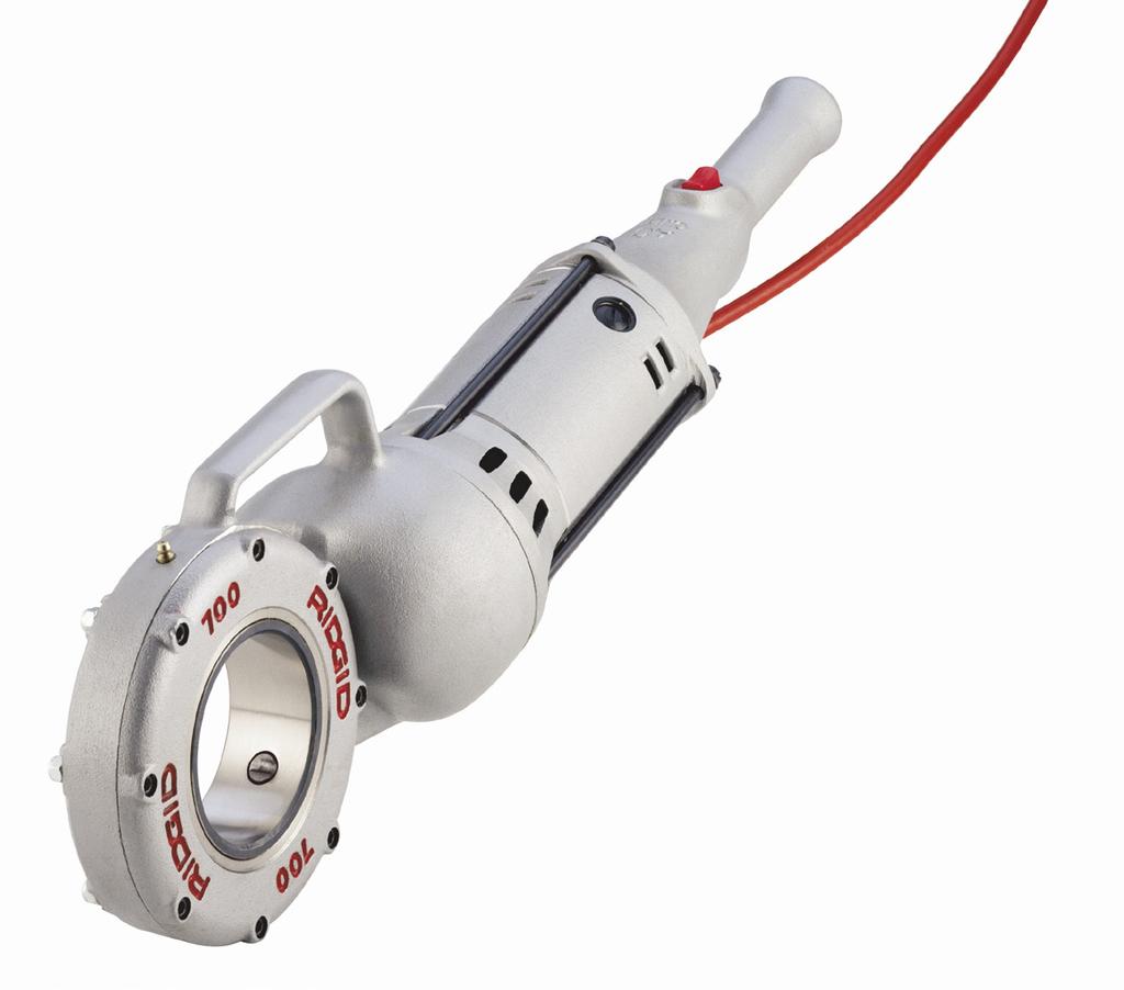 700-as típusú, motoros hajtású Nagy teljesítményű, kézi, motoros hajtású. Kétirányú 00 W, 5 V vagy 230 V univerzális motor. Méret 8-2" (6-50 mm) cső, 4" - " (8-25 mm) csavar OO-RB menetvágófejekkel.