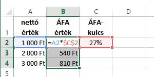 A2 RC[-1] abszolút hivatkozás: a hivatkozott cella mindig ugyanaz marad, pl. $C$2 S2O3 vegyes hivatkozás: a hivatkozásnak csak az oszlopa vagy a sora kötött, pl.