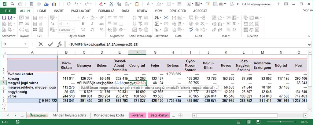 Összegzés az összegzés általában ugyanúgy megoldható a DARABHATÖBB( ) COUNTIFS( ),