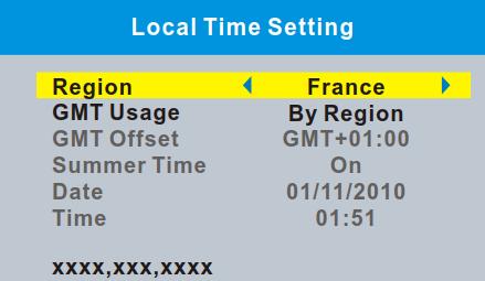 User Manual 6.4 Local Time Setting This menu allows you to set the region and the local time. Region: GMT Usage: GMT Offset: Summer Time: Date/Time: Use this menu to change the region.