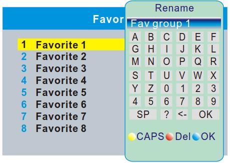 User Manual 6.8 Favorite This menu allows you to rename the favorite group. In "System Setup" menu, select "Favorite", press "OK" button to enter Favorite menu.