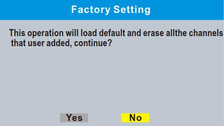 User Manual 7.3 Factory Setting This menu allows you to re-set the STB back to the factory settings, clear all existed channels. In the "Tools" menu, select "Factory Setting", press "OK" button.