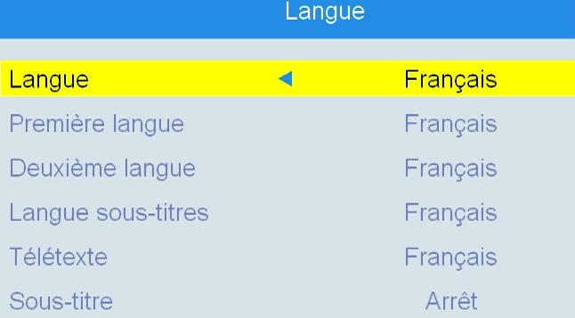 Mode d emploi 6.1 Réglages langue Ce menu vous permet de régler la langue des menus, la langue associée aux programme, celle des soustitres ou du télétexte.