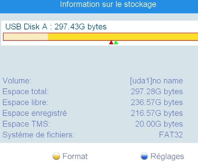 Mode d emploi 10.5 Information sur le stockage Ce menu permet de connaître la capacité du support de stockage raccordé à l adaptateur ainsi que les différents espaces (enregistrement, libre, ).