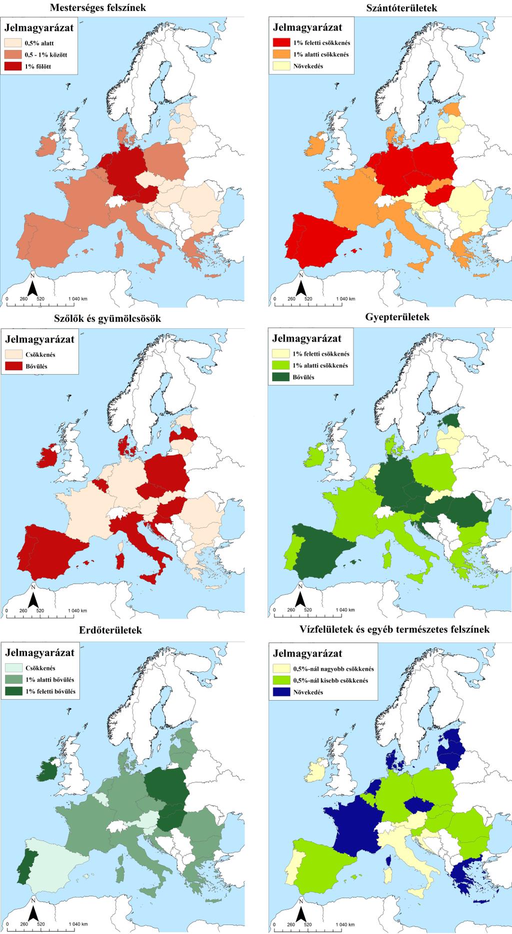 49. ábra: Az egyes felszínborítási kategóriák változása 1990-2012 között, az ország