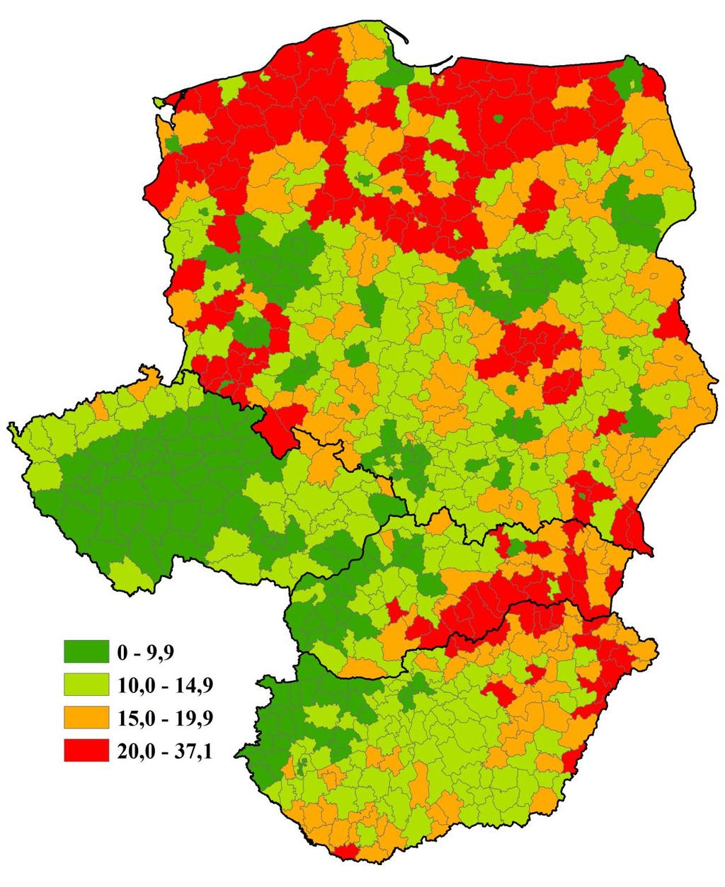 7. ábra: Munkanélküliségi ráta a visegrádi országok LAU 1-es egységeiben, 2011 Forrás: Az egyes országok statisztikai adatközlései alapján saját szerkesztés Végül az elemzésekhez felhasználtam egy