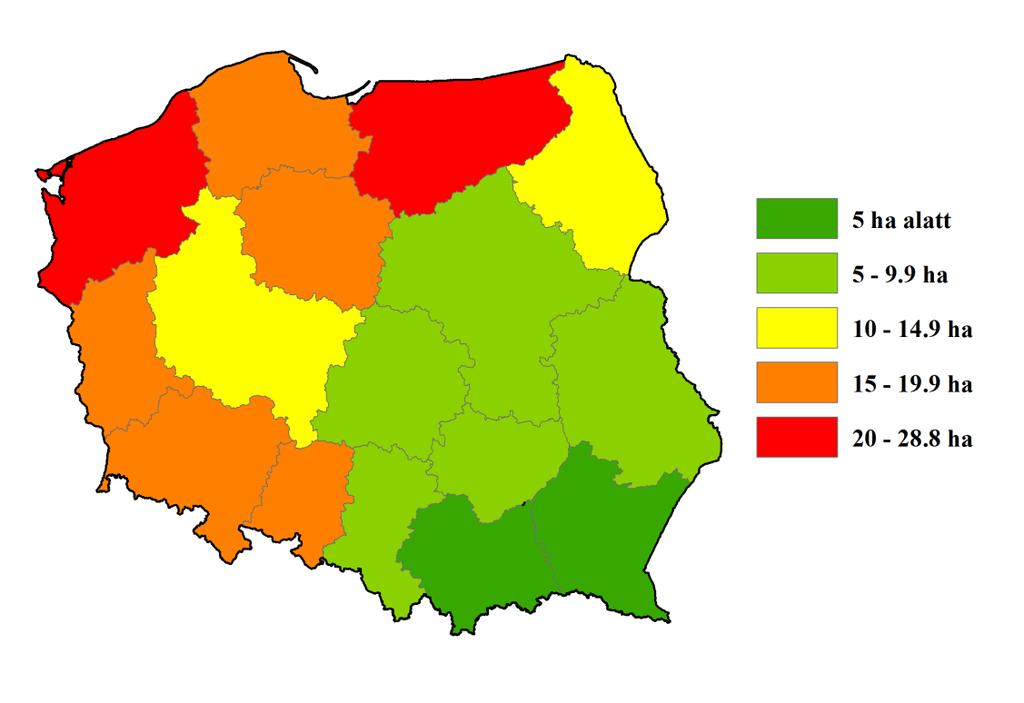 20. ábra: A lengyel vajdaságok átlagos birtokmérete, 2013 Forrás: Az EUROSTAT adatai alapján saját szerkesztés A 19.