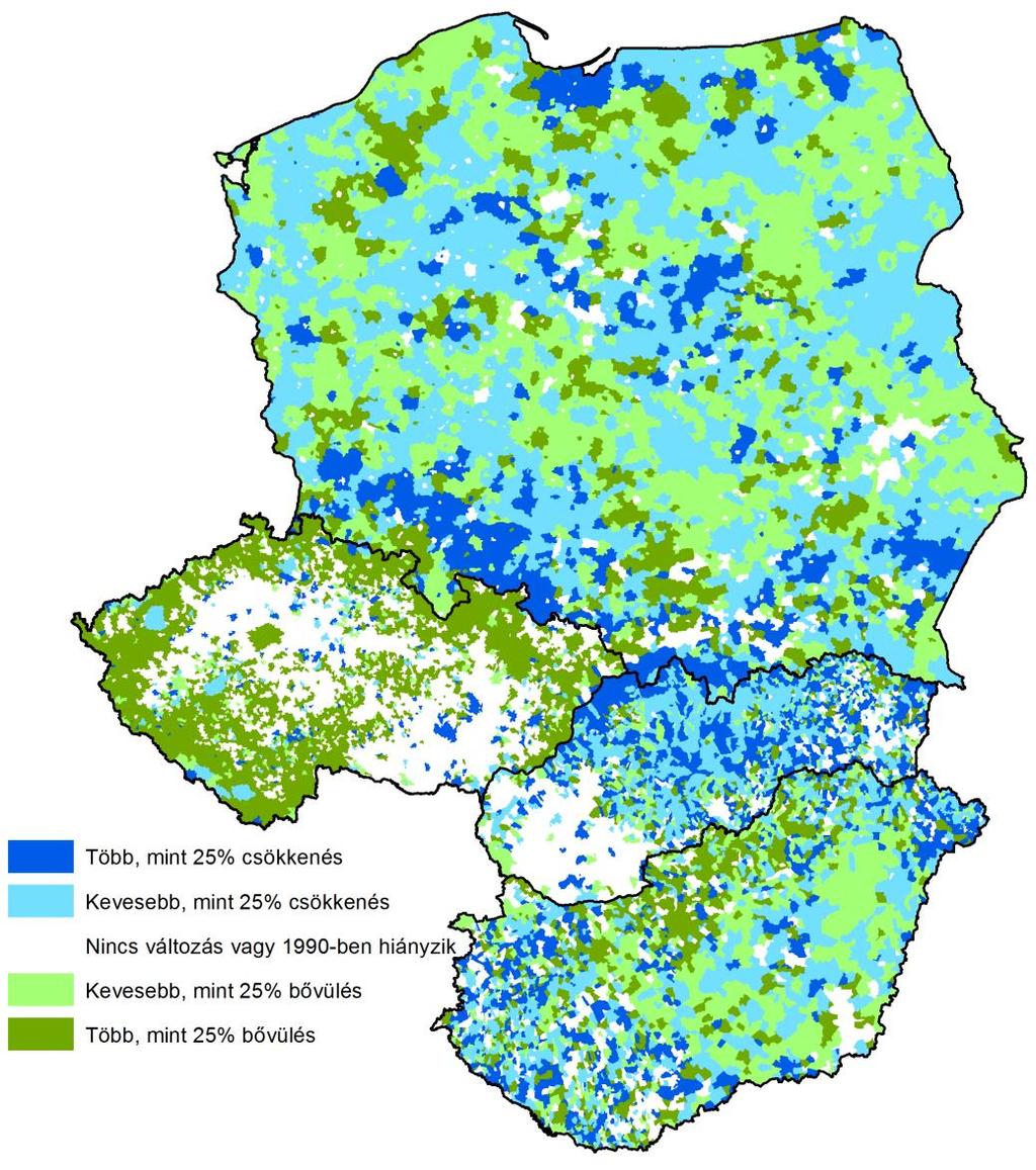 22. ábra: Gyepterületek változása 1990-2012 között az 1990-es felszínborítás százalékában Forrás: Corine Land Cover adatok alapján saját szerkesztés