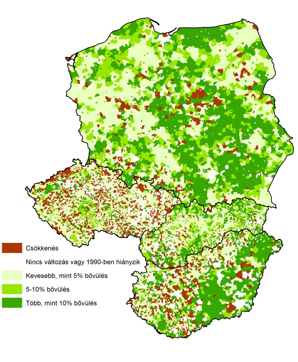 24. ábra: Erdőterületek változása 1990-2012 között az 1990-es felszínborítás százalékában Forrás: Corine Land Cover adatok alapján saját szerkesztés A legelők, kaszálók mellett erdők is átvehetik a