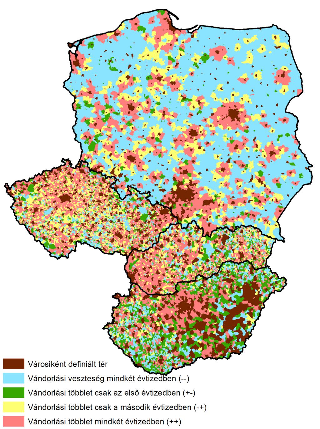 34. ábra: A visegrádi országok vidéki térségeinek vándorlási alaptípusai