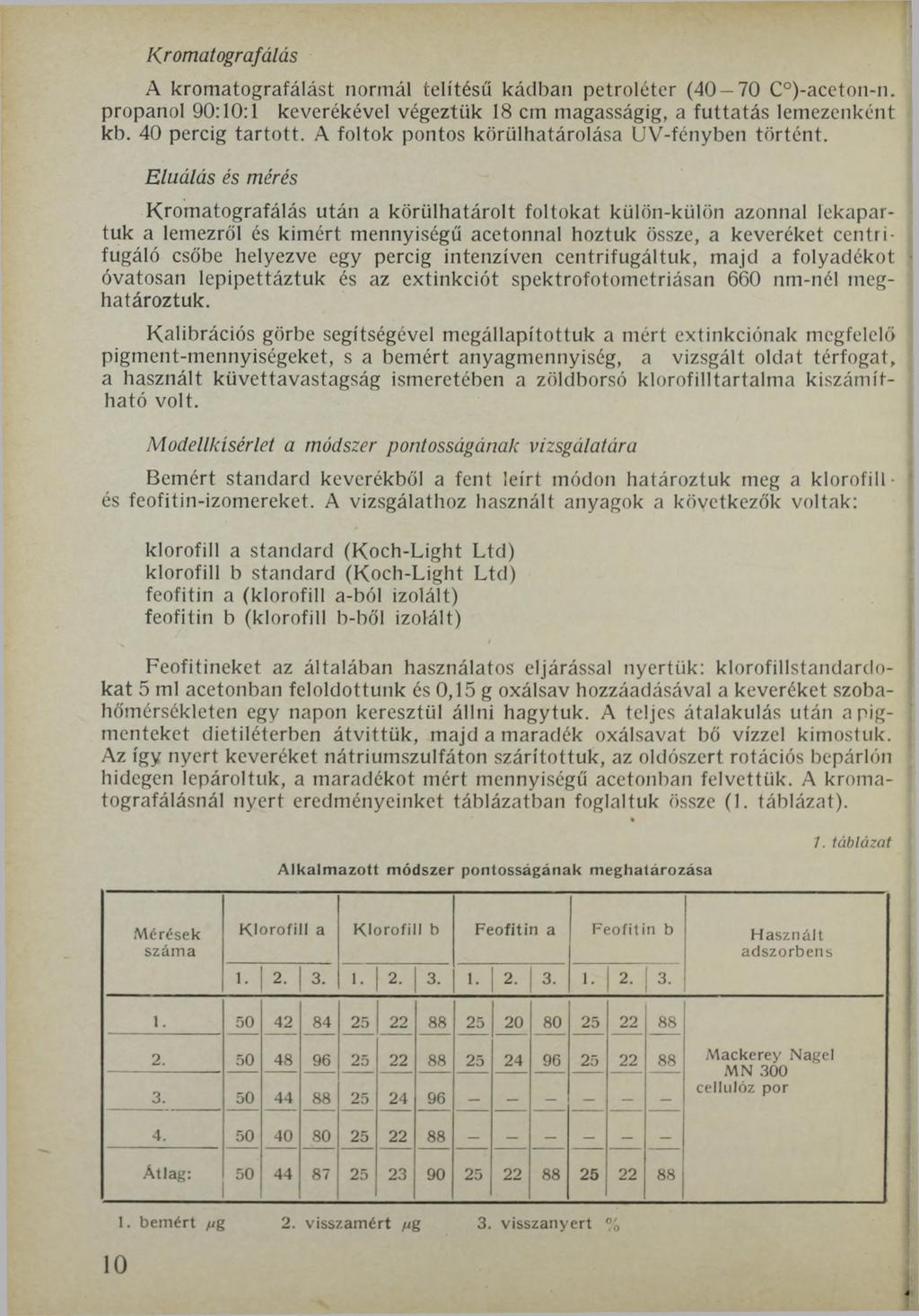 Kr ómat ografálás A kromatografálást normál íelítésű kádban petroléter (40-70 C )-aceton-n. propanol 90:10:1 keverékével végeztük 18 cm magasságig, a futtatás lemezenként kb. 40 percig tartott.