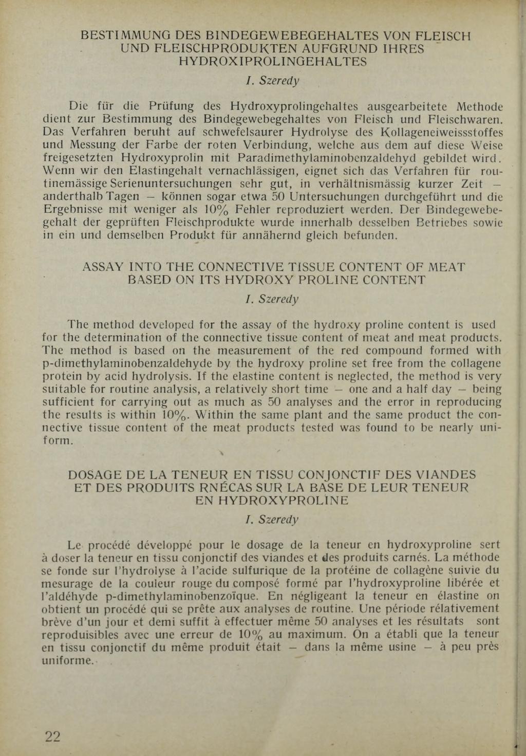 BESTIMMUNG DES BINDEGEWEBEGEHALTES VON FLEISCH UND FLEISCHPRODUKTEN AUFGRUND IHRES HYDROXIPROLINGEHALTES I.