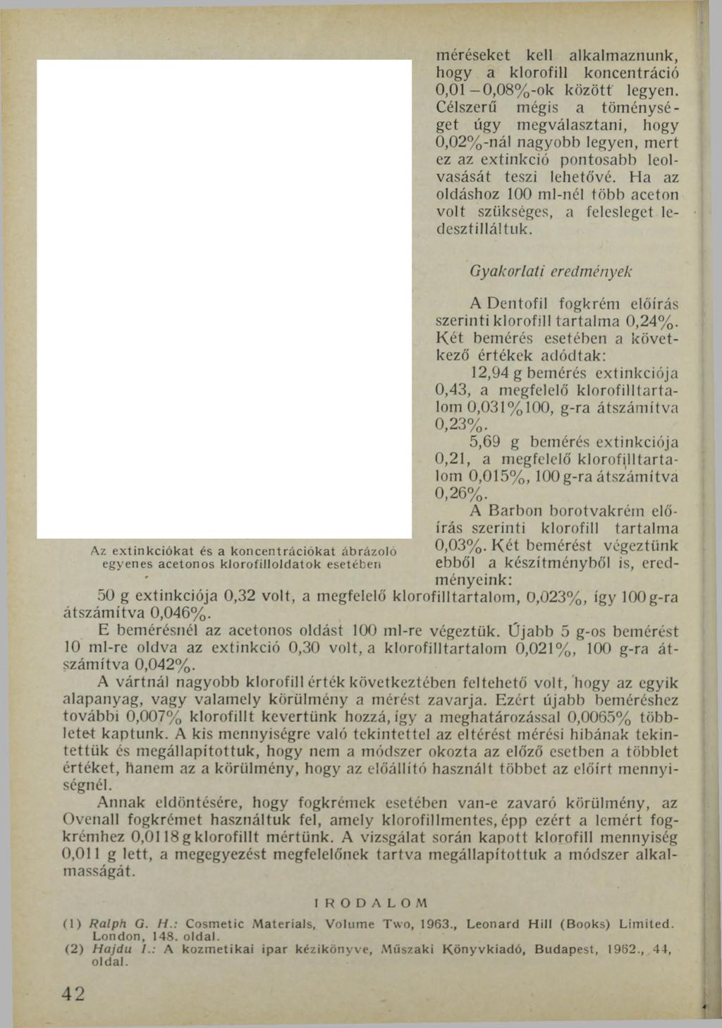 Az ex tin k ció k at és a koncen tráció k at ábrázoló egyenes acetonos klorofilloldatok esetében méréseket kell alkalmaznunk, hogy a klorofill koncentráció 0,01 0,08%-ok között legyen.