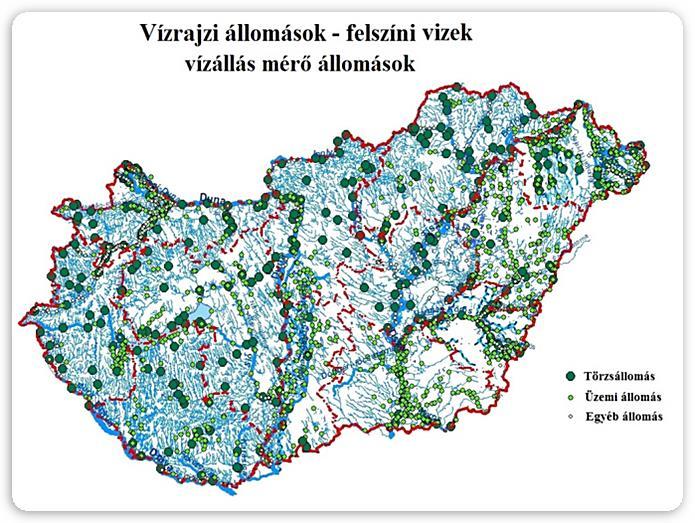 Vízrajzi észlelés (monitoring) A felszíni vizek nagy hagyományú vízrajzi észlelése során vízállást mintegy 2600 állomáson, vízhozamot közel 500 állomáson mérnek (helyenként 150 éves napi idősorok