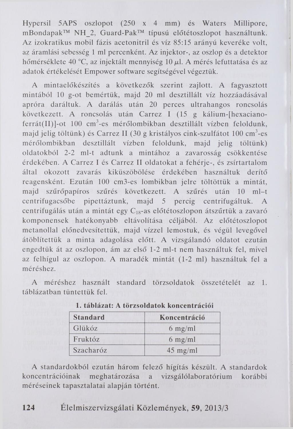 Hypersil 5APS oszlopot (250 x 4 mm) és Waters Millipore, mbondapak NH_2, Guard-Pak típusú előtétoszlopot használtunk.