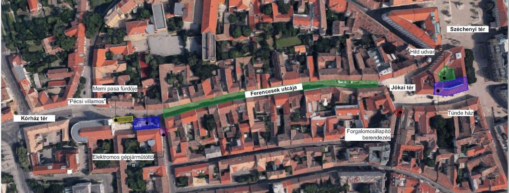 A tervezési terület ismertetése: A Pécs Megyei Jogú Város belvárosában az alábbi helyeken: - Memi pasa fürdője - Ferencesek utcája - Tünde ház - Hild udvar - Jókai tér Átnézeti térkép: Érintett