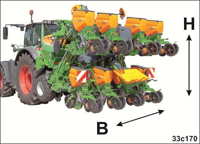 Szállítások 8.1 A gép szállítási helyzetbe hozása 1. A megemelt gép B és H szállítási szélességének meghatározása.