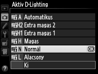 Ha az Y Automatikus lehetőséget választja, a fényképezőgép automatikusan a fényképezés körülményeihez igazítja az Aktív D-Lighting értékét (M expozíciós módban azonban az Y Automatikus beállítás